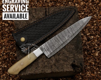 13" Custom Handmade Carbon Steel Chef Knife With Camel Bone And Steel Bolster Handle And Leather Sheath Gift For Husband Kitchen Chef Knife