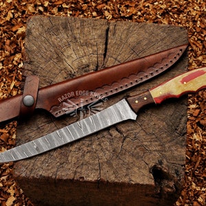 Fillet Knife Handmade Damascus Steel Fishing Knife With Leather Sheath Birthday Gift For Father Anniversary Gift For Husband Sharp Blade