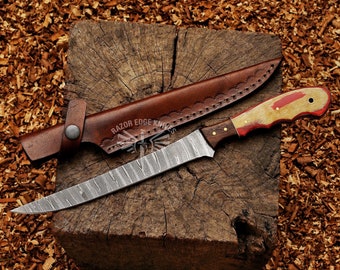 Fillet Knife Handmade Damascus Steel Fishing Knife With Leather Sheath Birthday Gift For Father Anniversary Gift For Husband Sharp Blade