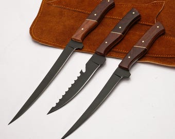 3 Pc Carbon steel Fillet Knife Set With Leather Roll Kit Anniversary Gift for Husband Birthday Gift for Father Groomsmen Gift