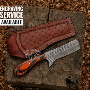 8"Custom Handmade Damascus Steel Cow Bull Cutter Knife With Exotic Wood Handle And Customize Leather Sheath Gift For Dad Engraved BullCutter