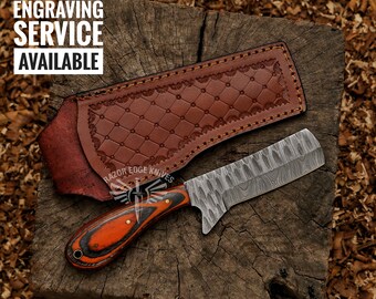 8"Custom Handmade Damascus Steel Cow Bull Cutter Knife With Exotic Wood Handle And Customize Leather Sheath Gift For Dad Engraved BullCutter