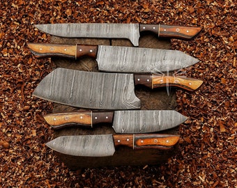 Custom Handmade Damascus Steel Chef Knife Set of 5 Pieces With Blue Exotic Wood Handle Gift for Husband Kitchen Knife Set Anniversary Gift