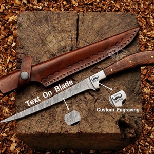 Handmade Damascus Steel Fishing/Fillet Knife With Cow Leather Sheath Best Gift For Dad Anniversary Gift For Husband Sharp Blade Knife
