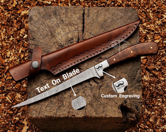Handmade Damascus Steel Fishing/Fillet Knife With Cow Leather Sheath Best Gift For Dad Anniversary Gift For Husband Sharp Blade Knife