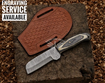 8"Custom Handmade Damascus Steel Cow Bull Cutter Knife With Exotic Wood Handle And Customize Leather Sheath Gift For Dad Engraved BullCutter