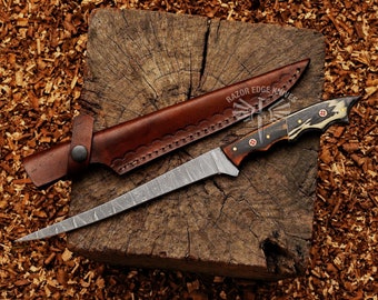 Damascus Steel Fishing Knife With Leather Cover For Outdoor Flexible Blade Knife For Camping Personalized Gift For Dad Groomsmen Gift