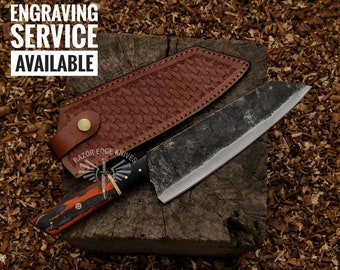 Hand Made Hand Forged Fixed Blade Chef Kitchen Knife Steak Hunting Camping Knife With Pure Sheath Best Gift For Her/Him Anniversary Gift