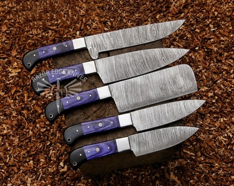 Custom Handmade Damascus Steel Chef Knife Set of 5 Pieces With Blue Exotic Wood Handle Gift for Husband Kitchen Knife Set Anniversary Gift