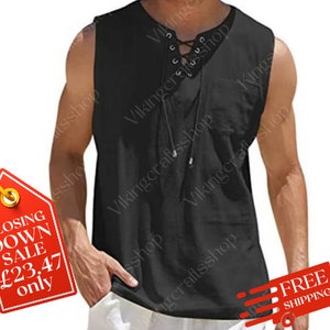 Viking Renaissance Larp Tunic, Cotton vintage Sleeveless Tunics, Medieval Men Pirate Shirt, Renaissance Ren Faire Medieval Cosplay Costume.