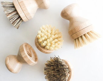 Natural Reusable Bamboo Dish Brush with Replaceable Head - Plastic Free Eco Friendly Bamboo Pot Brush