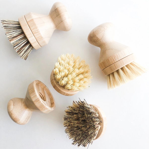 Natural Reusable Bamboo Dish Brush with Replaceable Head - Plastic Free Eco Friendly Bamboo Pot Brush