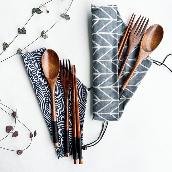 Reusable Handmade Natural Wood Cutlery Set - Plastic Free Biodegradable Japanese Style Utensil Set