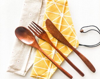 Handmade Reusable Japanese Style Wooden Cutlery Set - Zero Waste Biodegradable Plastic Free Utensils Set