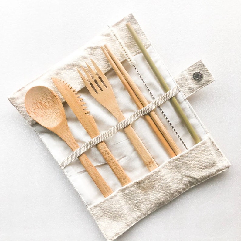 Reusable Organic Bamboo Cutlery set Plastic Free Zero Waste Biodegradable Bamboo Utensils Hemp Cleaning Brush image 3