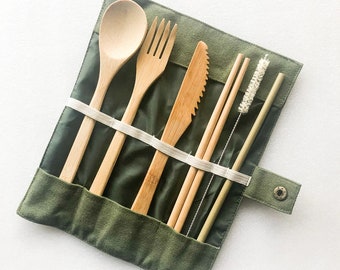 Reusable Organic Bamboo Cutlery set - Plastic Free Zero Waste Biodegradable Bamboo Utensils - Hemp Cleaning Brush
