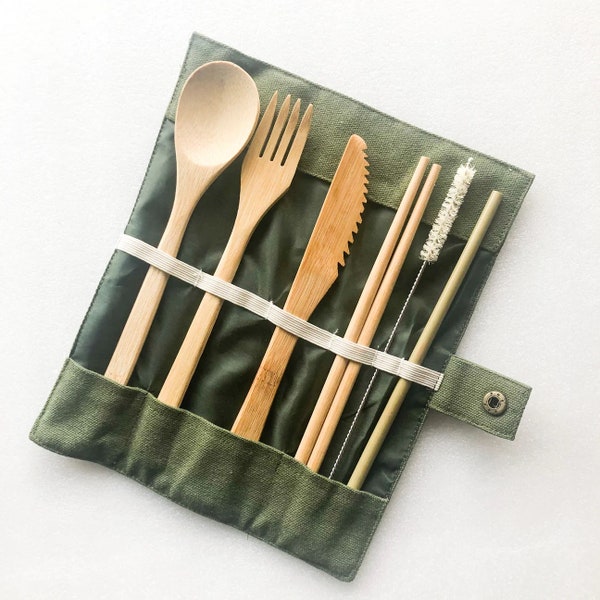 Reusable Organic Bamboo Cutlery set - Plastic Free Zero Waste Biodegradable Bamboo Utensils - Hemp Cleaning Brush