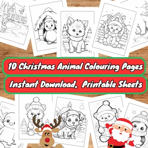 Christmas Coloring Pages, Coloring Pages for Kids, Christmas Animal Colouring Pages, Digital Download, Printable Christmas Coloring Pages