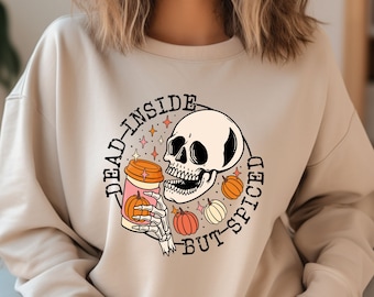 Dead Inside Halloween Sweatshirt, Funny Halloween Costume, Fall Sweatshirt, Funny Spooky Season Skeleton Drinking Coffee, Funny Fall Shirt