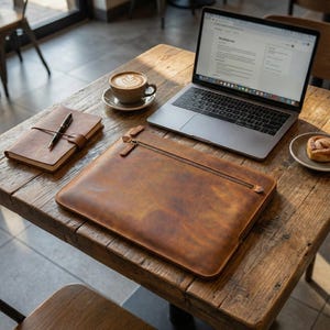 May include: A brown leather laptop sleeve with a zipper closure, a notebook, and a pen sit on a wooden table. A laptop and a cup of coffee with latte art are also on the table. A pastry is on a small plate.