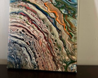 May include: Abstract painting on canvas with swirling patterns in shades of blue, green, orange, red, and white.