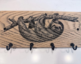Sloth Solid Oak Key Holder, 4-Hook Wall Organizer