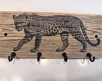 Leopard Solid Oak Key Holder, 4-Hook Wall Organizer