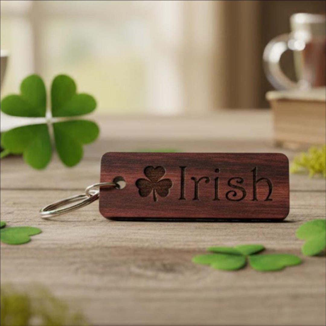 Sirish Keychains Engraved Oak Irish Keychain, Celtic Shamrocks, Rustic Wood Accessory - Etsy
