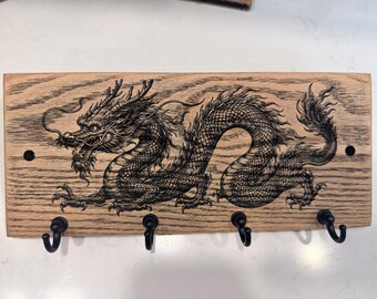 Chinese Dragon Solid Oak Key Holder, 4-Hook Wall Organizer