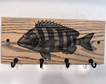 Solid Oak Sheepshead Key Holder for Wall, Laser Engraved Coastal Fishing Key Rack