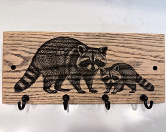 Raccoon Family Solid Oak Key Holder, 4-Hook Wall Organizer