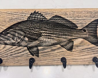 Solid Oak Redfish Key Holder for Wall, Laser Engraved Coastal Fishing Key Rack