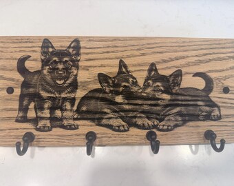 German Shepherd Puppy Solid Oak Key Holder, 4-Hook Wall Organizer