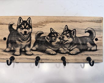Husky Puppy Solid Oak Key Holder, 4-Hook Wall Organizer