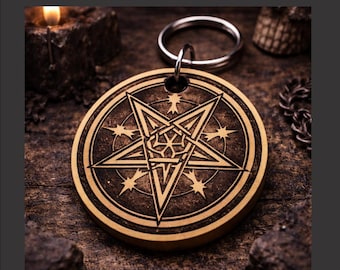 Laser Engraved Wood Laminate Keychain, Gothic Pentagram Spooky Accessory