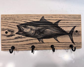 Solid Oak Bluefin Tuna Key Holder for Wall, Laser Engraved Coastal Fishing Key Rack