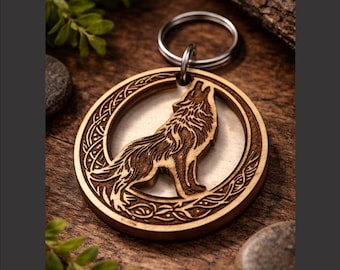 Wolf Howling Moon Wood Keychain, Laser Engraved Wildlife Nature Lover Gift