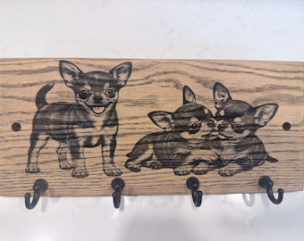 Chihuahua Puppy Solid Oak Key Holder, 4-Hook Wall Organizer