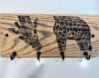 Giraffe Solid Oak Key Holder, 4-Hook Wall Organizer