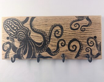 Octopus Attack Solid Oak Key Holder, 4-Hook Wall Organizer