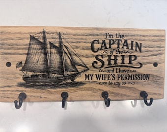 Captain of the Ship Solid Oak Key Holder, 4-Hook Wall Organizer