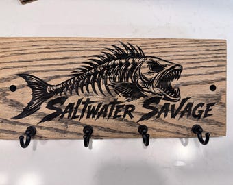 Saltwater Savage Solid Oak Key Holder, 4-Hook Wall Organizer
