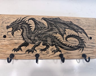 Medieval Dragon Solid Oak Key Holder, 4-Hook Wall Organizer