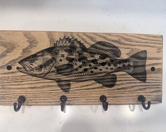 Solid Oak Spotted Bass Key Holder, Laser Engraved Fishing Wall Rack