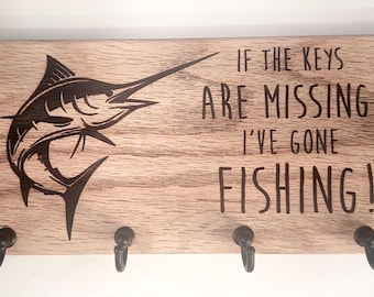 Marlin Fishing Solid Oak Key Holder, 4-Hook Wall Organizer
