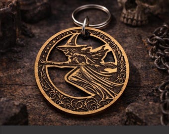 Wicked Witch Laser Engraved Wood Keychain, Gothic Halloween Accessory