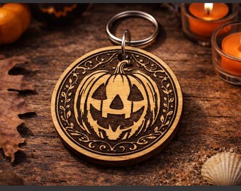 Laser Engraved Pumpkin Wood Keychain, Halloween Fall Accessory