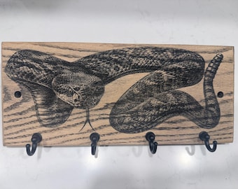 Rattlesnake Solid Oak Key Holder, 4-Hook Wall Organizer
