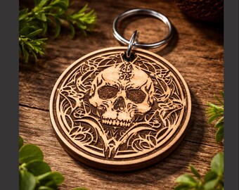 Laser Engraved Wood Laminate Keychain, Gothic Skull Spooky Halloween Accessory