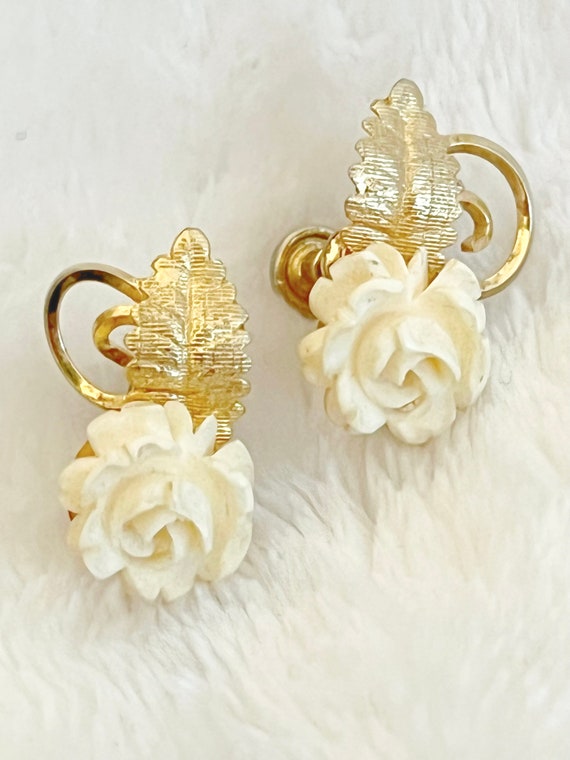 Gold Filled White Rose Screw Back Earrings